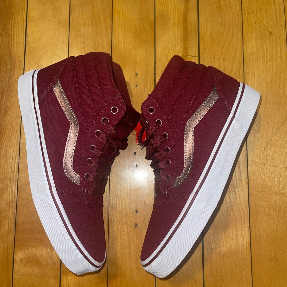 High top Burgundy, gold and white high top Vans
